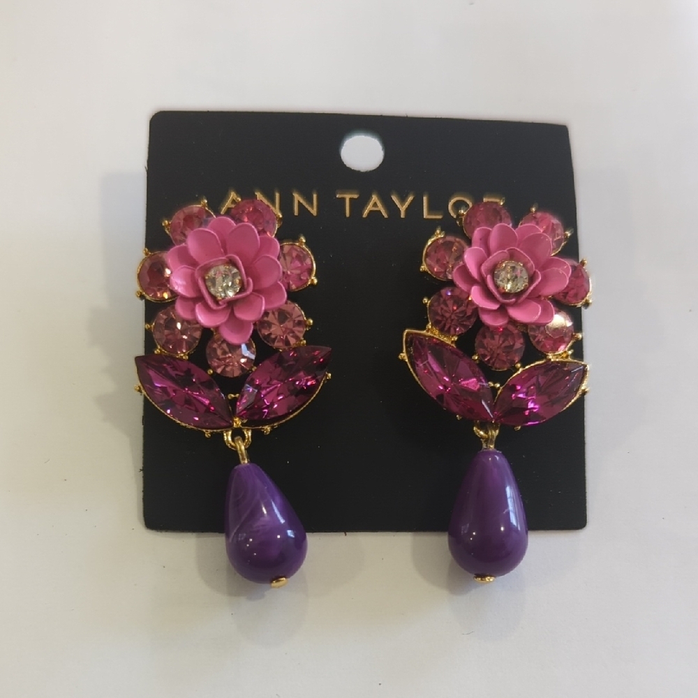 Ann Taylor Pink and Purple Flower Drop Earrings with Gold Accents - Picture 6 of 7